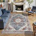 Rugs 5x7 Washable Rug, Non Slip Large Rug for Living Room Bedroom Dining Room, Low-Pile Kid & Pet Friendly Distressed 5x7 Carpet Print Floor (Border Brown/Navy Blue)