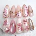 3D Handmade Press on Nails with Exquisite Designs Medium Almond Fake Nails Pink Cherry Blossom Flowers Stick on Nails 3D Gold Bow French Acrylic Nails Pearl Nails for Women Daily Wear