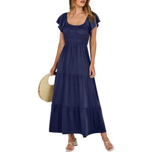 KIRUNDO Women's Summer Dresses Sleeveless Ruffle Sleeve Round Neck Solid Loose Short Flowy Pleated Mini Babydoll Dress, Large