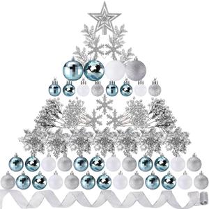 Sratte 94 Pcs Christmas Tree Decorations Set, Christmas Tree Ball Ornaments Glitter Poinsettia Flowers Decorations Glitter Berries Stems for Xmas Holiday Wedding(Blue, White, Silver)