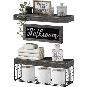 QEEIG Bathroom Shelves Over Toilet - Paper Storage Wall Mounted Farmhouse Decor Decorations Aesthetic Dcor Sign Small Floating Shelf 2+1 Set 16 inch, Grey (020GY)