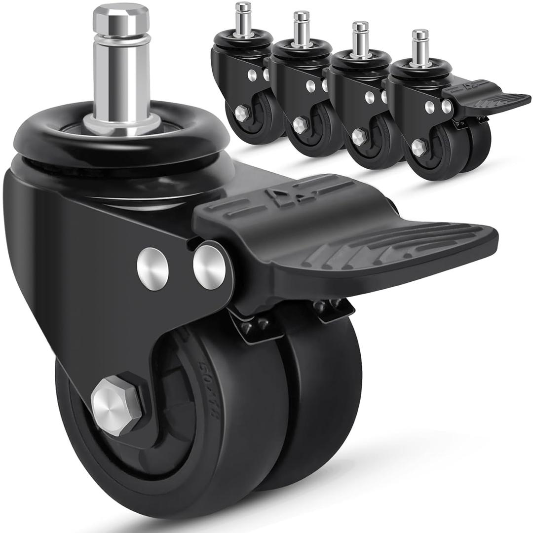 Nefish Office Chair Caster Wheels with Brake, 11mm, 2 Inch Heavy Duty Rubber Office Chair Wheel Replacement, Support 750lbs(Set of 5), Quiet Desk Chair Rollers, Safe for All Floors, Universal Fit