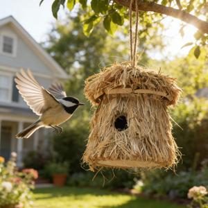 Cozy Wood-Framed Thatch Birdhouse- 1.6" Entry Hole with Ventilation, Natural Straw Exterior for Outdoor Garden, Wild Bird Nesting & Wildlife Habitat
