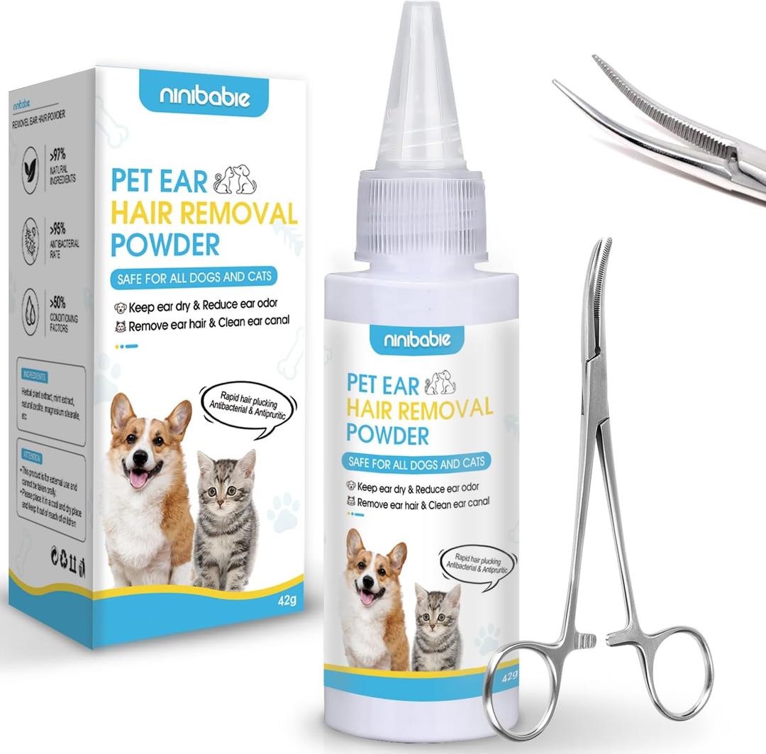 Dog Ear Care Kit - Dog Ear Powder for Hair Removal (42g) with Curved Grooming Tweezers - Effective Solution for Smelly Ears, Wax Buildup