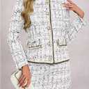 Women's 2 Piece Outfits Plaid Button Front Long Sleeve Tweed Jacket and Mini Skirt Elegant Set, Large