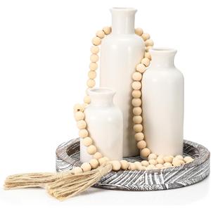 5 Pcs Rustic Country Tabletop Centerpieces Decor Set of 3 Boho Ceramic Vases with Wooden Serving Tray Wood Bead Garland Tassels Table Holder for Home Decorations(Gray)