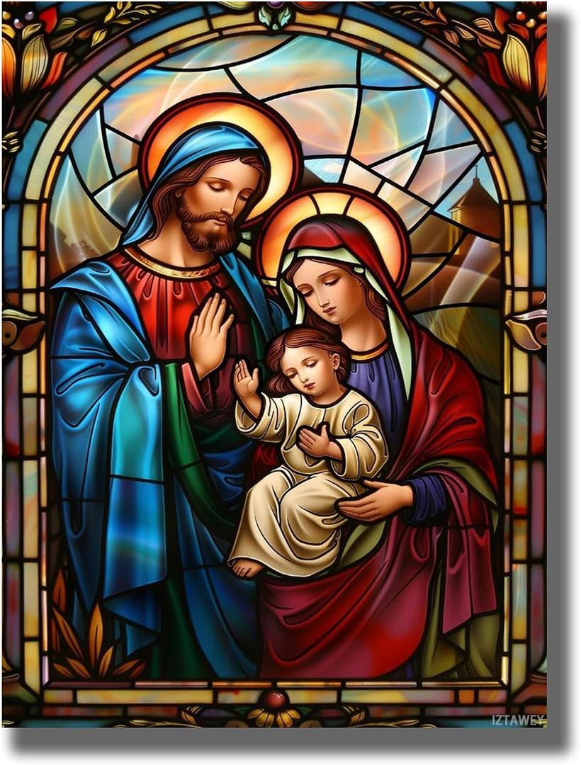 IZTAWEY Holy Family Canvas Wall Art Jesus and Virgin Mary Painting Prints Catholic Pictures Christian Posters for Home Decor 12x16inch No Frame