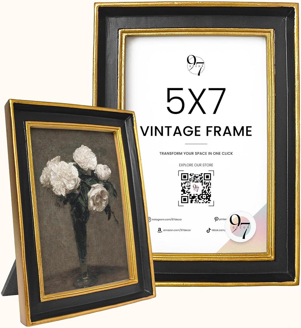 97 Decor Black and Gold Vintage Picture Frames 5x7 - Hand-crafted Decorative Antique Frames 5x7 For Tabletop Or Wall Mount, Vintage Wall Decor