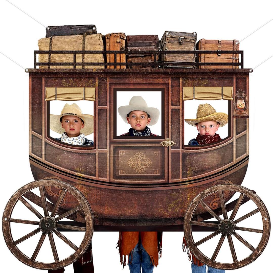Western Cowboy Party Decorations Western Carriage Shaped Photo Backdrop West Theme Carriage Photo Booth Props Large Cowboy Rodeo Party Banner Supplies for Kids Adults Wild West Birthday Parties Decor