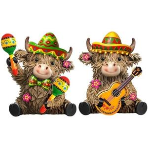 Burbell 2 Pack Mexican Fiesta Highland Cow Decor Resin Cinco De Mayo Decorations Mexican Taco Fiesta Highland Cow Figurine Gnomes Resin Statue for Garden Table Centerpieces Shelf Home Decor Gifts