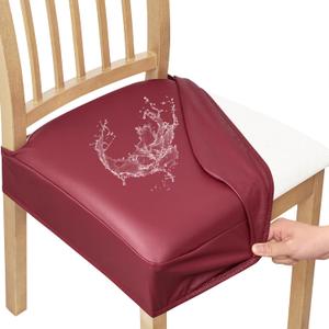 Smiry Waterproof Pu Leather Seat Covers for Dining Room Chairs Set of 4, Stretch Fit Removable Washable Kitchen Chair Seat Slipcovers Protector, No Rear Covers, Wine Red