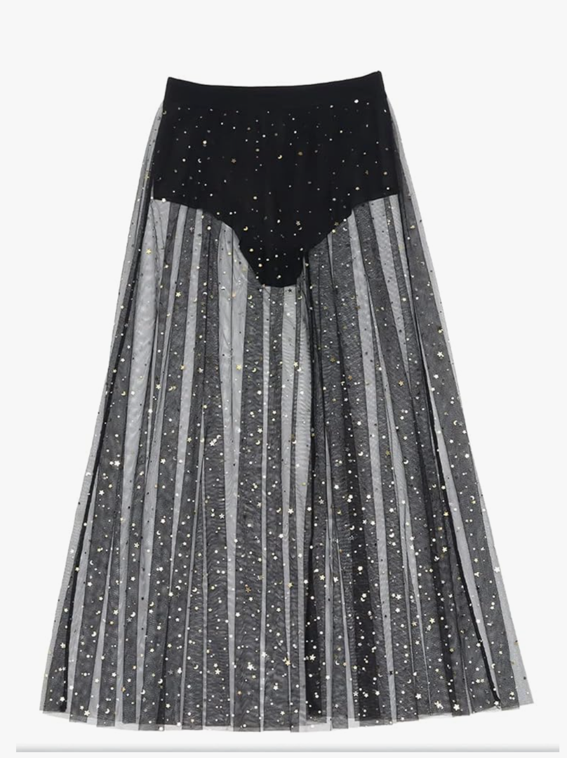 ebossy Women's Sexy 2 in 1 Sequin Mesh Maxi Skirt High Waist Tulle Sheer Tiered Beach Cover-ups , size -Medium