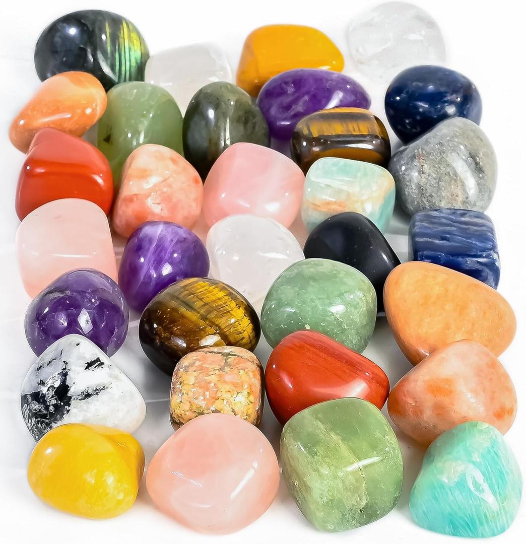 Crocon 1LB Assorted Crystals Tumbled Stones Bulk Set 2000+ Carats Pocket Crystal Healing Balancing Gemstones Tumbled Collection Palm Stone Good Luck Charm Gift Craft Home Decor Size: 20-25 mm (#01 Assorted Tumbles)