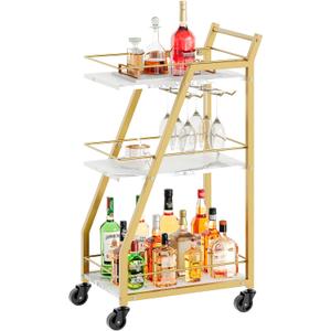 Bar Cart, Gold Bar Cart for The Home, Small Bar Cart on Wheels, Beverage Cart, Home Bar Serving Cart with Glass Holder, Drink Cart for Bar, Kitchen, Marble White and Gold BC03DW