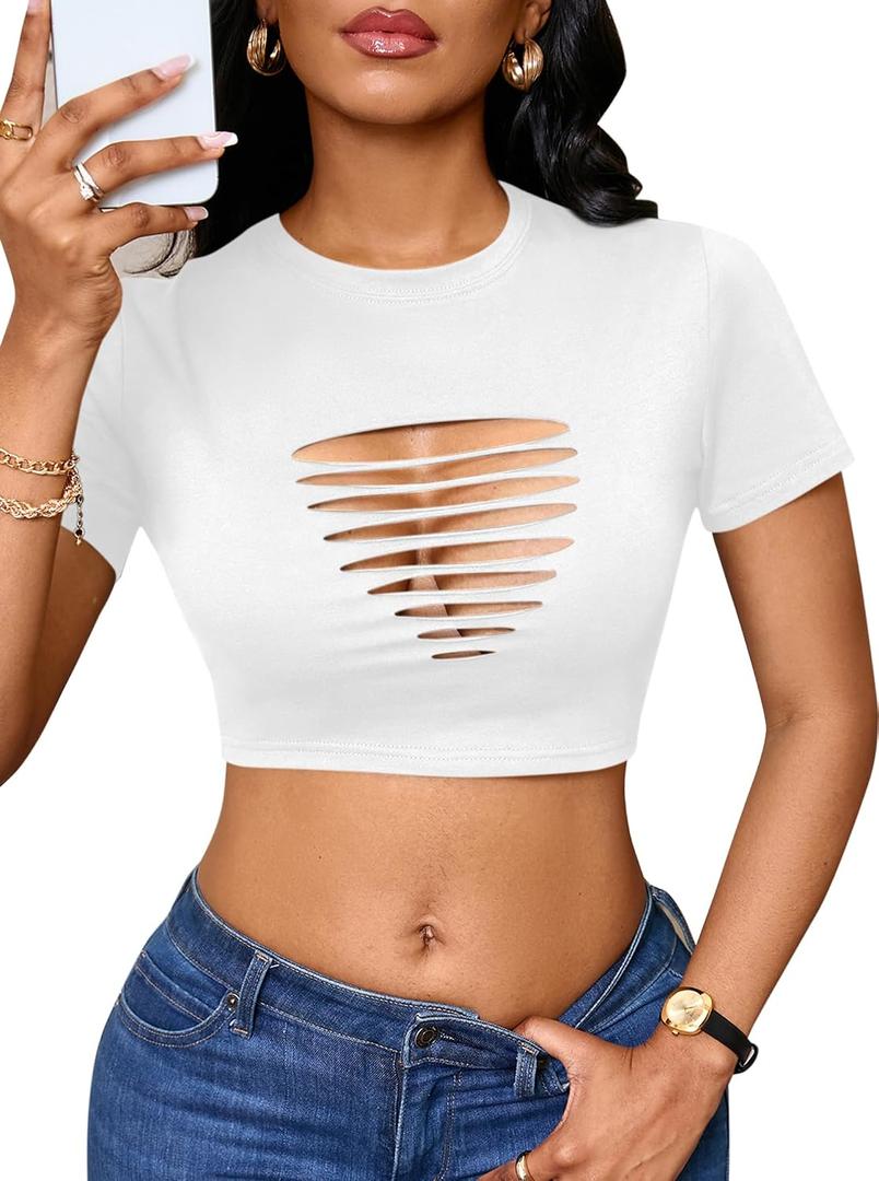 Remidoo Women's Sexy Distressed Ripped Crop Top Short Sleeve Cropped T Shirt Summer Cutout Tops White Small (White, S)
