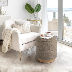 Get Set Style Round Ottoman with Storage, Modern Boucle Ottoman Upholstered Foot Stools with Wood Base, Vanity Stool Chair, Footrest Stool Extra Seat for Living Room Bedroom Entryway (Taupe), Onesize, 14.6"D x 14.6"W x 17.7"H