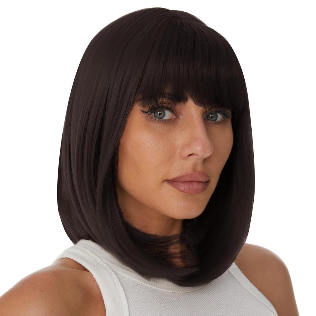 Onpep Bob Wig with Bangs Darkest Brown Short Straight Wigs for Women Shoulder Length Heat Resistant Synthetic Natural Color Wigs