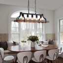 MEIXISUE Rustic Kitchen Island Dining Room Light Fixture Farmhouse Linear Chandelier Black and Retro Wood Finish 5-Light Industrial Metal Hanging Pendant Light UL Listed L33.5 W10.6