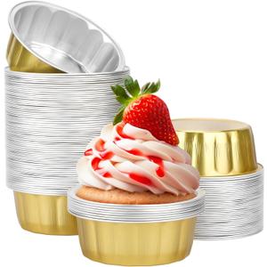 Beasea 8 oz 100 Pack Aluminum Ramekins, Disposable Ramekins Foil Cups Baking 3.9" Ramekin Cup Muffin Cupcake Aluminum Baking Cup Mini Pudding Souffle Cups for Party Wedding Birthday - Gold