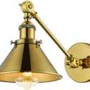 LITFAD Swing Arm Wall Light Adjustable Brass Finish 1 Light Wall Sconce 7" Industrial Vintage Wall Lamp Mounted Lighting Fixture with Cone Shade