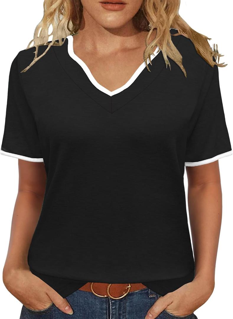 2 x JomeDesign Womens Summer Tops Short Sleeve Color Block V Neck Shirts Loose Fit Casual Blouses (Black, M)
