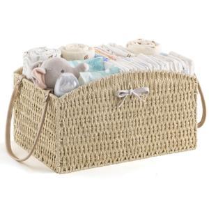 HBlife Large Diaper Caddy Organizer, Washable Waterproof, Portable Plastic Wicker Woven Basket with Divider, Nursery Diaper Station, Baby Shower Gifts Basket & Car Organizer