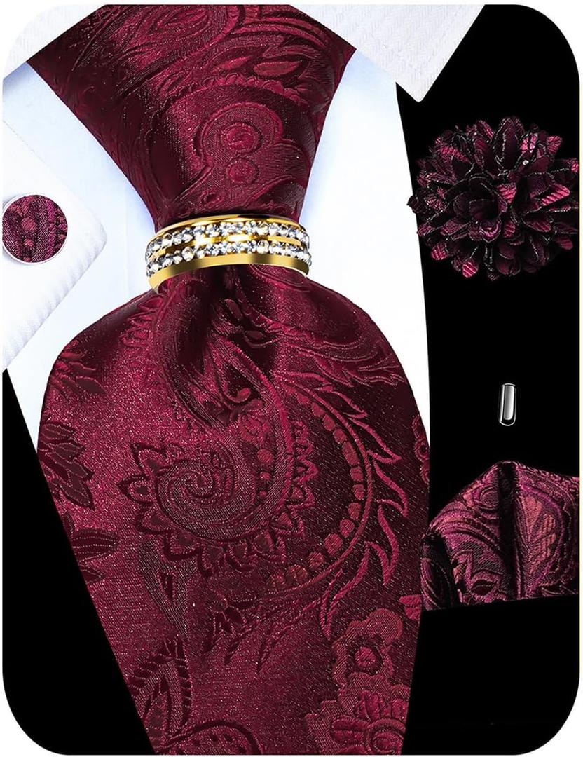 5PCS Tie and Pocket Square for Men, Silk Necktie and Handkerchief Cufflinks with Gold Ring and Lapel Pin Set (Burgundy Paisley Tie Set -159)