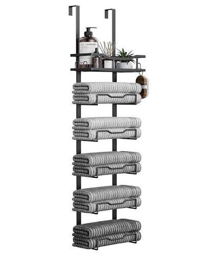 Aetyord Hanging Towel Racks for Bathroom No Drill - Over The Door 8-Tier Bath Towel Storage Organizer for Small Bathrooms - Back Door Large Tiered Towel Holder Hanger for Rolled Towels RV Camper BLACK