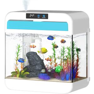 Fish Tank 2.2 Gallon with 7 Color Auto-Looping Light, Fish Aquarium with Humidifier 3 in 1 Pump - Filteration & Oxygenation & Circulation, Temperature Display, HD Float Glass, Thickened Base (White)