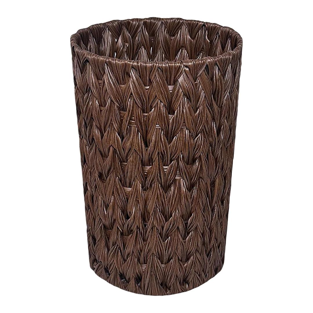 PINXIURY Wicker Waste Basket, Bathroom Trash Can, Small Round Trash Basket, Handwoven Trash Can Rubbish Basket for Bathroom, Bedroom, Home and Offices (Coffee)
