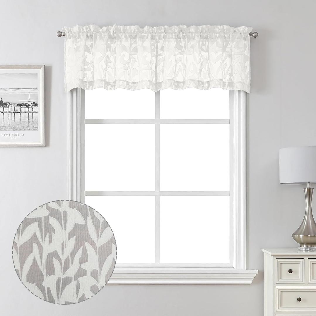 Lecloud Leia Sheer Ivory Window Curtains for Kitchen 14 Inch Length 2 PCS, Dual Rod Pockets Window Living Room Curtain Valance, Jacquard Clip Textured Leaf Short Bedroom Drapes, 40 W x 14 L