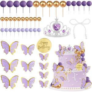 Knana 48PCS Purple Butterfly Cake Topper Set - Purple Balls, Crown, Butterfly, Pearl Bow & Gold Birthday Topper - Non-Edible Cake Decorations for Wedding, Baby Shower, Birthday Parties