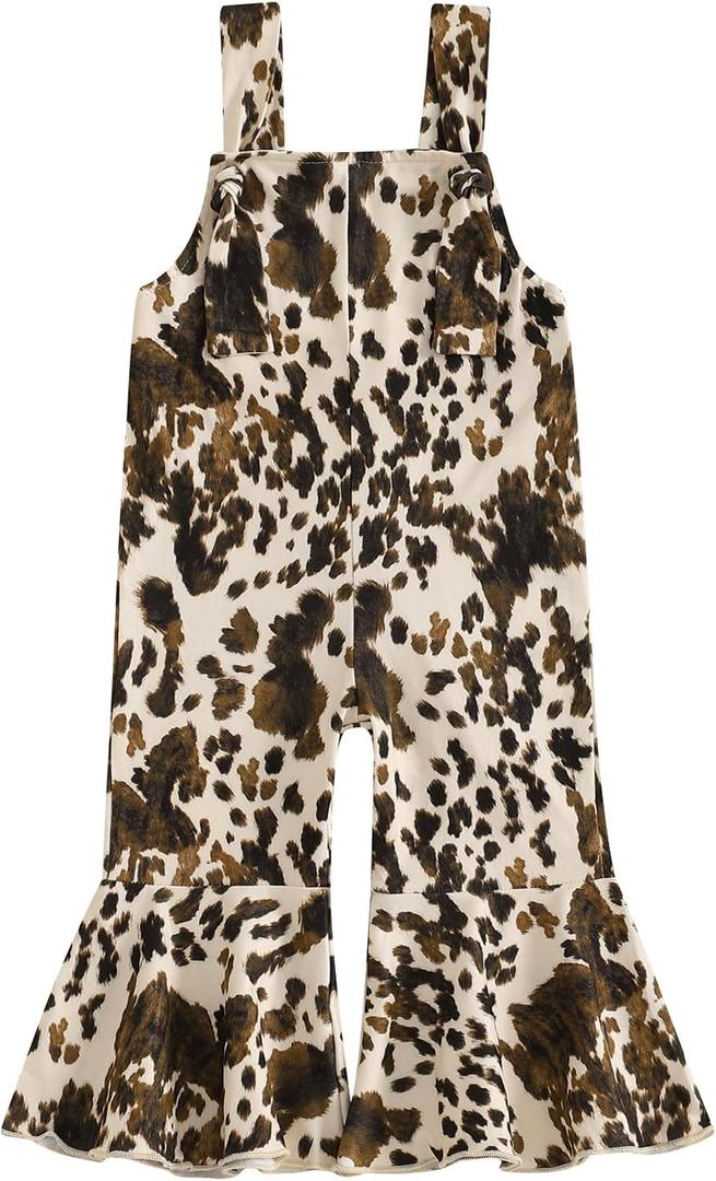 Toddler Baby Girl Cowgirl Outfit Cow Print Overalls Bell Bottom Jumpsuit Suspender Romper Pants Western Clothes (6-12 Months, Brown)