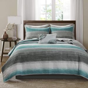 Madison Park Essentials Saben Cozy Bed in A Bag Reversible Quilt with Complete Cotton Sheet Set-Geometric Design All Season Cover, Decorative Pillow, Queen(90"x90"), Stripes Aqua 8 Piece