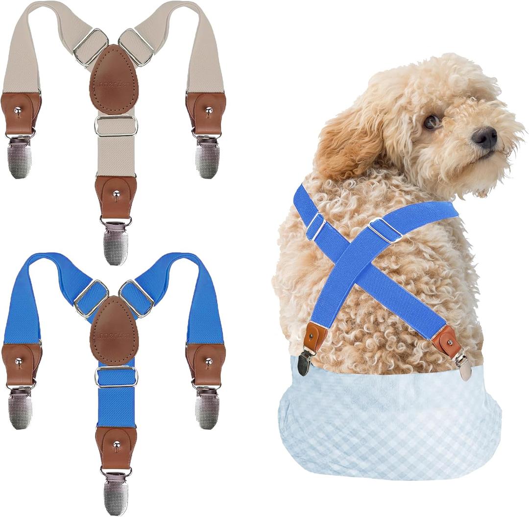 2 Pieces Dog Diaper Suspenders, for Dog Diaper Female and Belly Band for Male (Small, Blue & Beige )