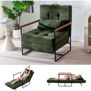 MAXYOYO Chair Bed, Adjustable Sleeper Chair, Single Sofa Bed with Frame | 2-in-1 Folding Lounge Chair, Adjustable Backrest and Tufted Corded Upholstery for Living Rooms or Bedrooms, Dark Green