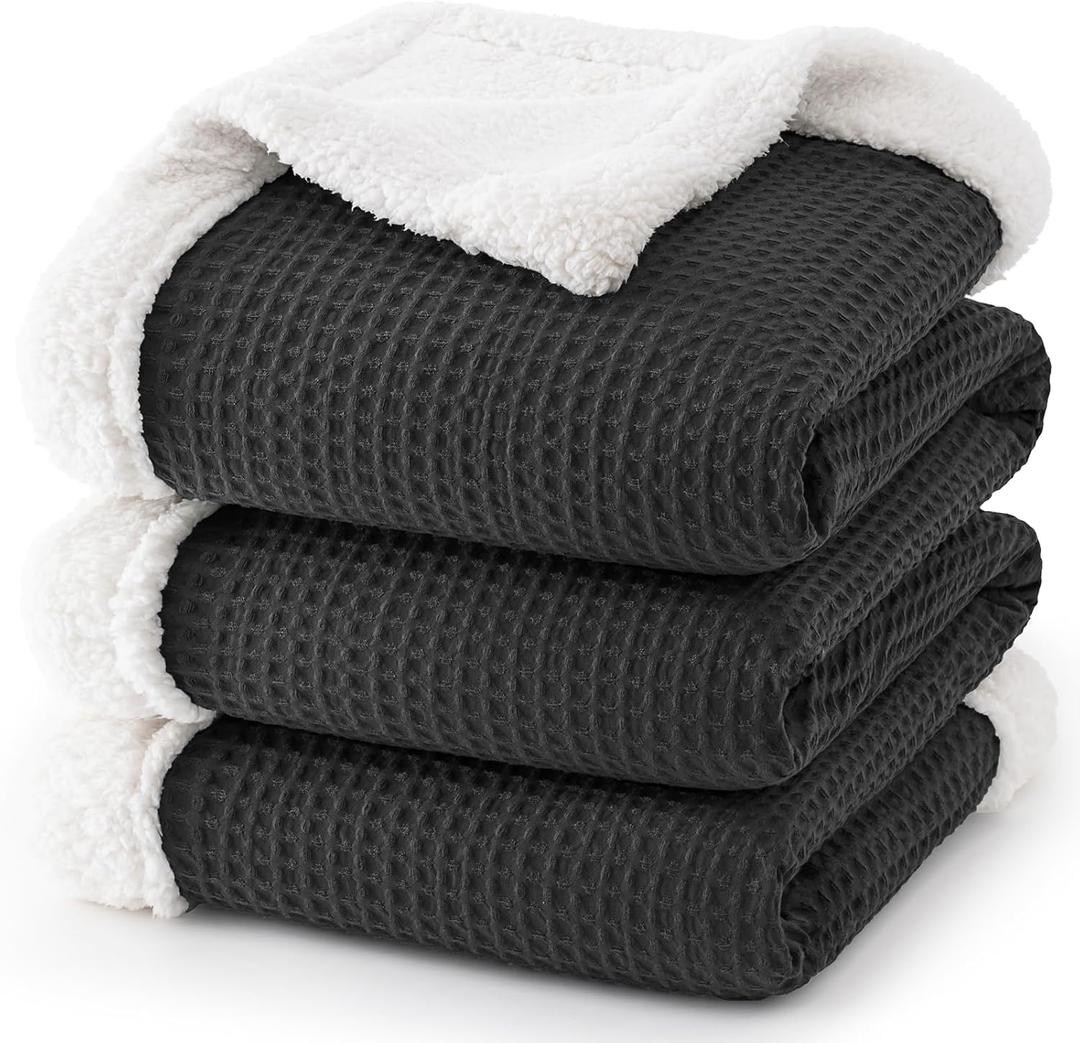 PHF Waffle Sherpa Blanket Queen Size, 90x90 Inches Luxury Plush Flannel Fleece Blanket for Winter, No Shed No Pilling, Cozy Soft & Reversible Waffle Weave Bedding for Home Decor, Black