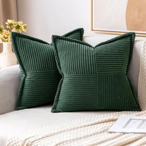 MIULEE Dark Green Corduroy Pillow Covers with Splicing Set of 2 Super Soft Boho Striped Pillow Covers Broadside Decorative Textured Throw Pillows for Couch Cushion Livingroom 18x18 inch (18" x 18" (Pack of 2))