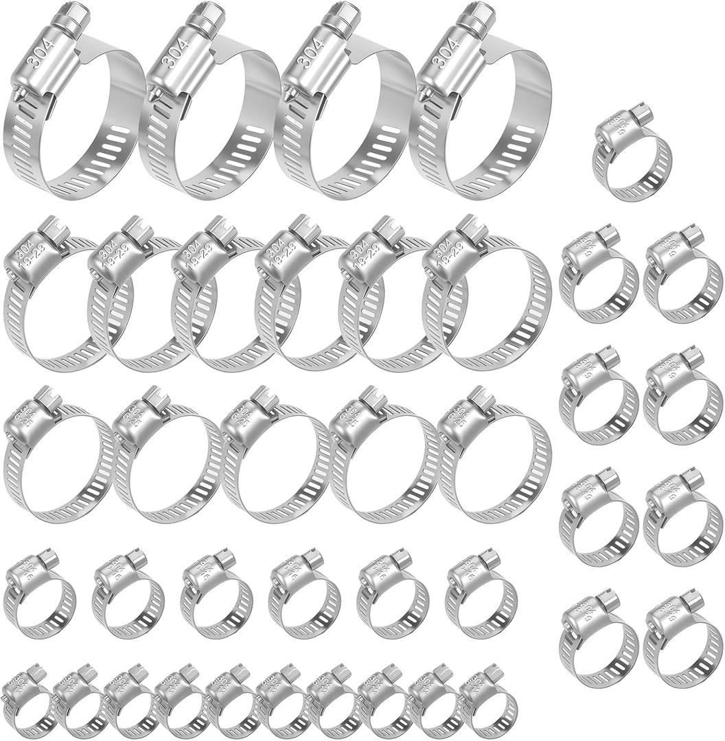 40Pcs Hose Clamps,Stainless Steel Hose Clamp Assortment Kit, 1/4" to 1-1/2" (638mm) Adjustable Worm Gear Pipe Hose Clamp For Fuel LinePlumbing, Applications, Tube, Garden