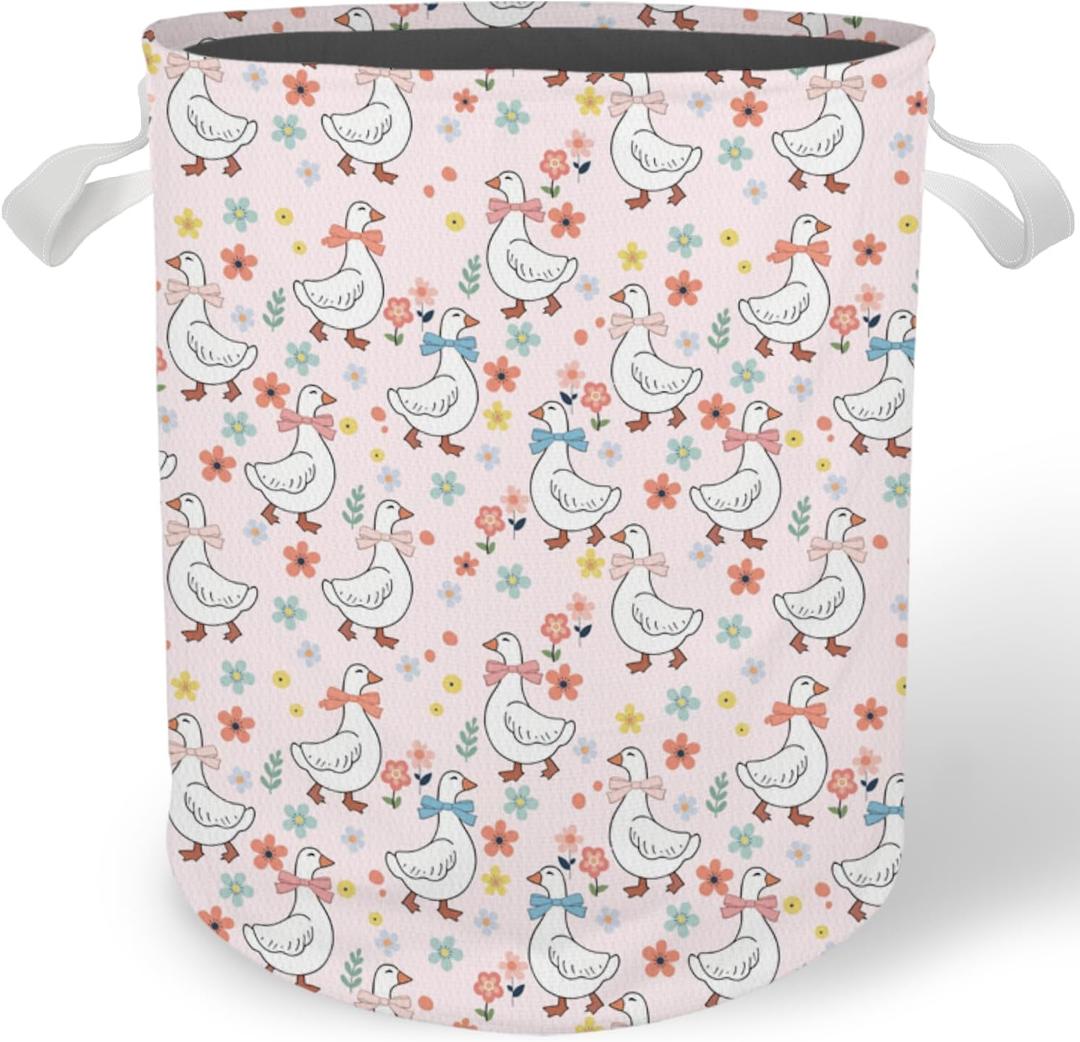 Pink Floral Goose Nursery Laundry Basket, Coquette Bow Cute Goose Laundry Basket Hamper Waterproof Collapsible Clothes Toys Storage Bin for Bedroom Bathroom Kids Room, Toybox for Girls, 14.2" x 14.2" x 17.7"