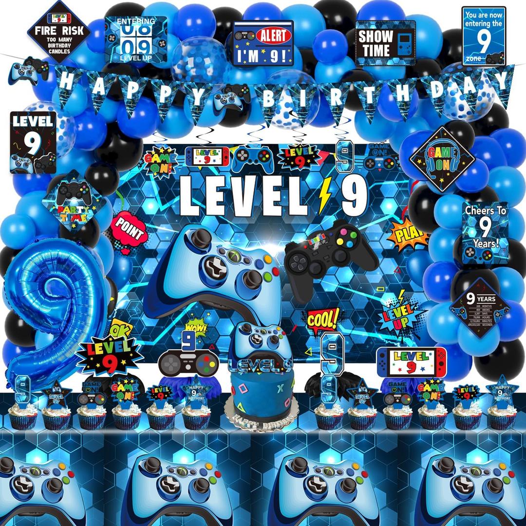 9th Birthday Decorations for Boys, 148Pcs Blue Video Game level 9 Party Supplies for Boy 9th Birthday - Backdrop, Banner, Balloons, Tablecloth, Centerpieces, Hanging Swirls, Wall Signs
