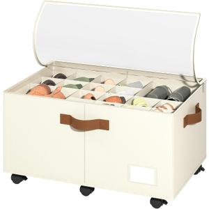 Foyego Shoe Organizer for Closet, Shoe Storage Organizer with Wheels and Adjustable Dividers, Stackable Shoe Storage Box with Clear Cover, Foldable Closet Shoe Organizer Fits up to 24-48 Pairs, Beige
