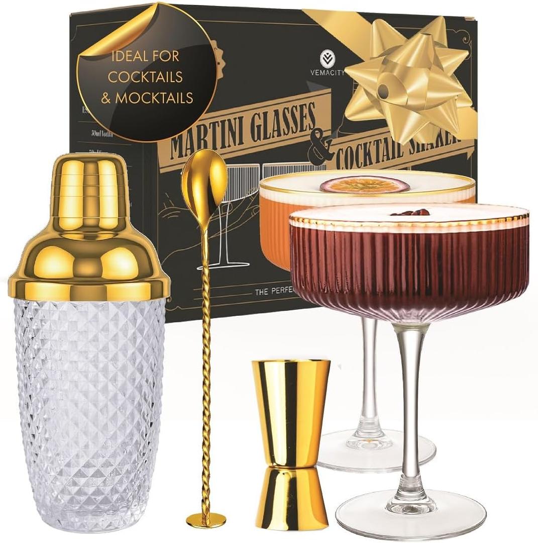 VEMACITY - Luxury Gold Cocktail Shaker Set - 15oz Glass Shaker with Strainer + 2 Gold-Rim Ribbed Martini Glasses (10oz) & Bar Tools | Espresso Martini Glasses | Ideal for Home Bartenders