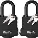 Padlock with Key, [2 Pack] [4 Keys] Diyife Padlock Waterproof Lock Key Padlocks 40mm Heavy Duty Padlocks Anticut, Oustside Laminated Steel for Gym Locker, Garage, Fence, Shed, Yard, Outdoor & Indoor