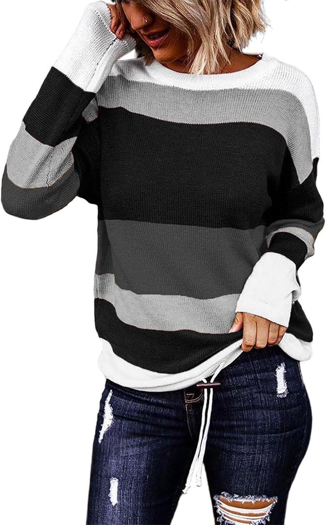 Dokotoo Womens Sweaters Striped Fall Winter Outfits 2025 Crewneck Drawstring Color Block Fashion Clothing (Small, Gray)