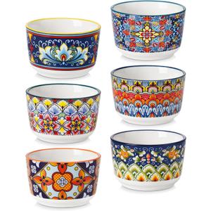 vancasso 6 Oz Ramekins Oven Safe Set of 6, Bohemian Creme Brulee Ramekins, Colorful Souffle Dishes, Pudding Custard Cups for Baking, Small Ceramic Bowls for Dipping Sauce, Ice Cream