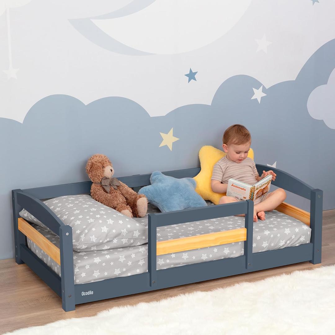 Toddler Bed with Rails | Low Montessori Floor Bed Frame for Kids | Standard Crib Size Wooden Frame for Independent Toddlers 1-3 - Gray