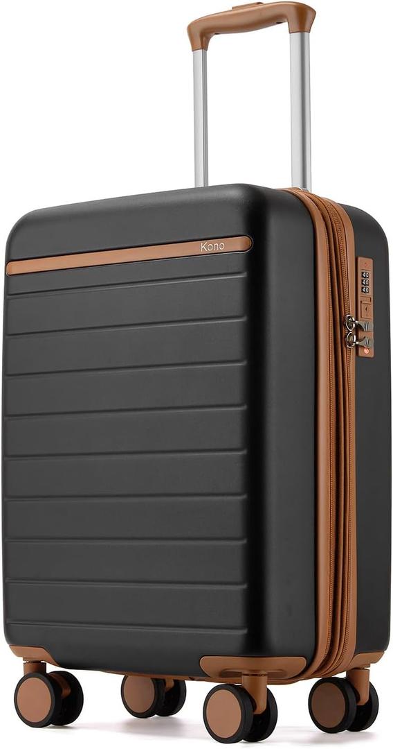 Kono Expandable 20 Inch Carry On Suitcase Airline Approved, Lightweight ABS+PC Hardshell Luggage with 360 Silent Spinner Wheels, Black/Brown