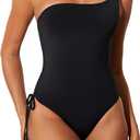 DOBREVA Women's One Piece Swimsuit One Shoulder Bathing Suit Tummy Control Modest Ruched Lined Swimwear (Black)
