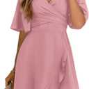 Dokotoo Women's Wrap V Neck Short Flared Sleeve Wedding Guest Dress Smocked Elastic Waist Tiered Belted Ruffle Hem Mini Dress (Pink)
